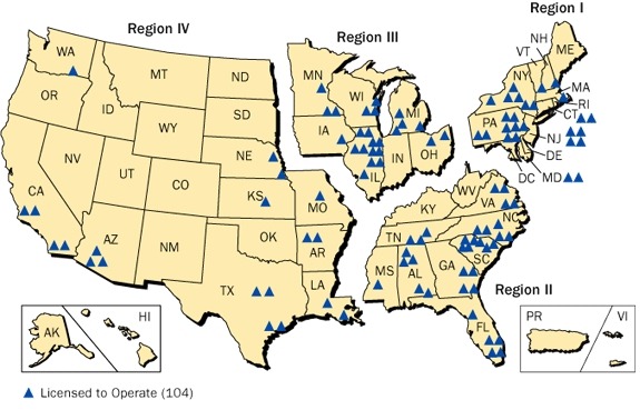 美国核电站地点分布