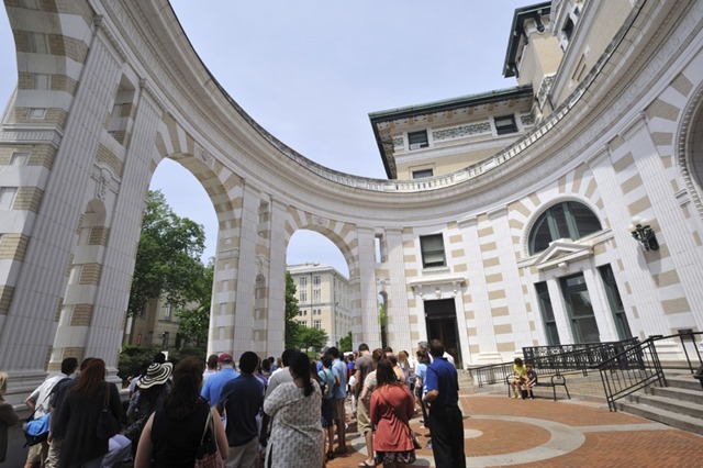 Pittsburgh, USA - June 16, 2012. Group of people at Margaret Morrison Carnegie Hall in Carnegie Mellon University during a campus tour.  Carnegie Mellon University is a top ranking private research university in the world well known for its art and technology programs. It is located about 3 miles from downtown Pittsburgh, Pennsylvania.